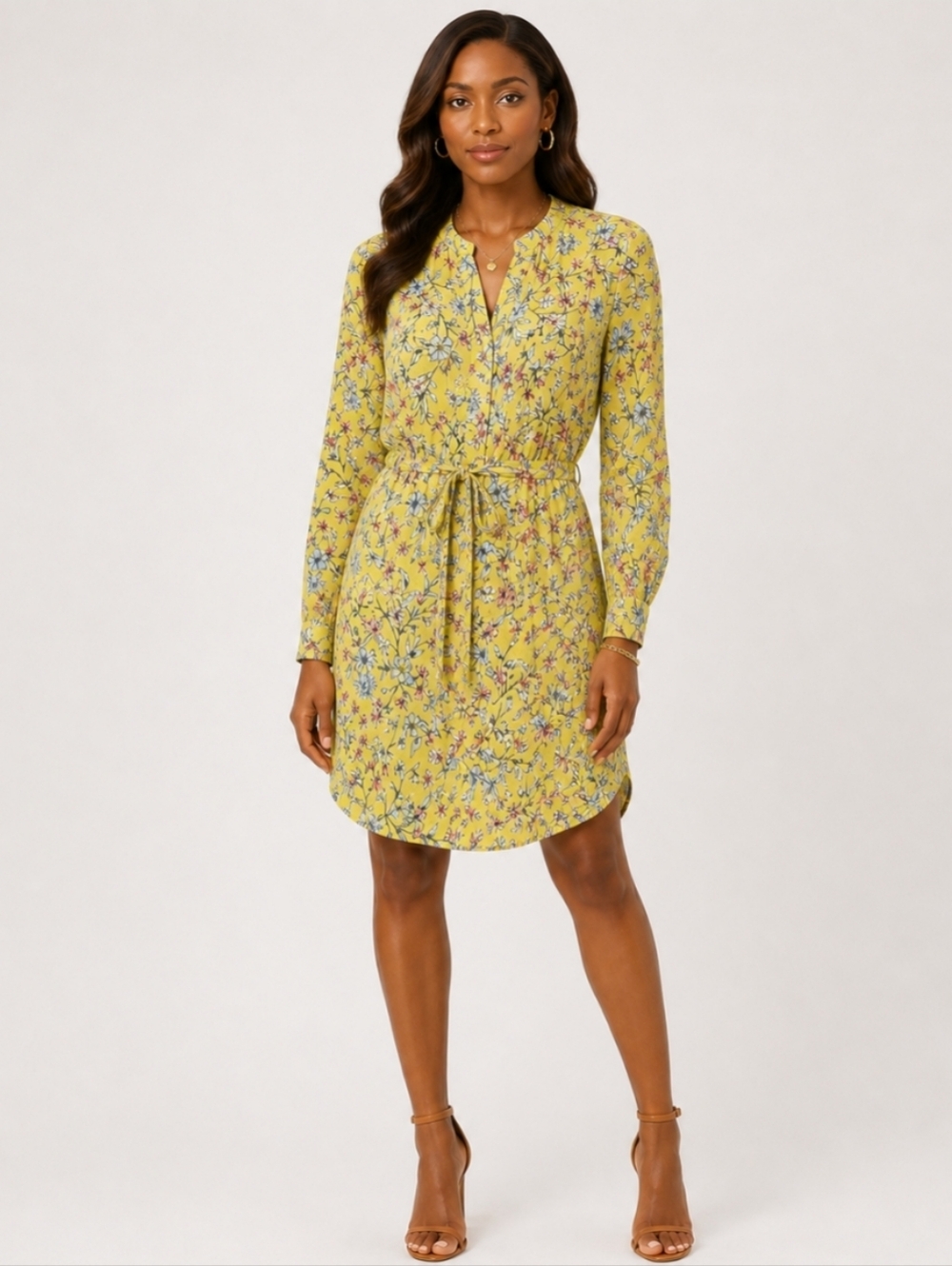Nanette Lepore Cottage Yellow Floral Tie-Waist Shirt Dress Size 8